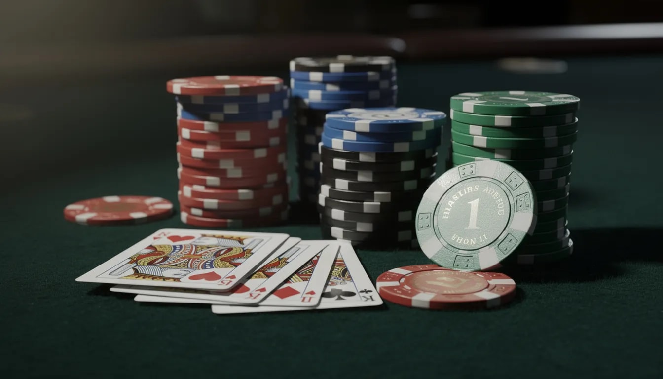 Billedet viser stakke af spillemønter og kort, der symboliserer atmosfæren i et casino. Dette kunne være fra et online casino, hvor loyale spillere nyder et bredt udvalg af spil og attraktive bonusser.