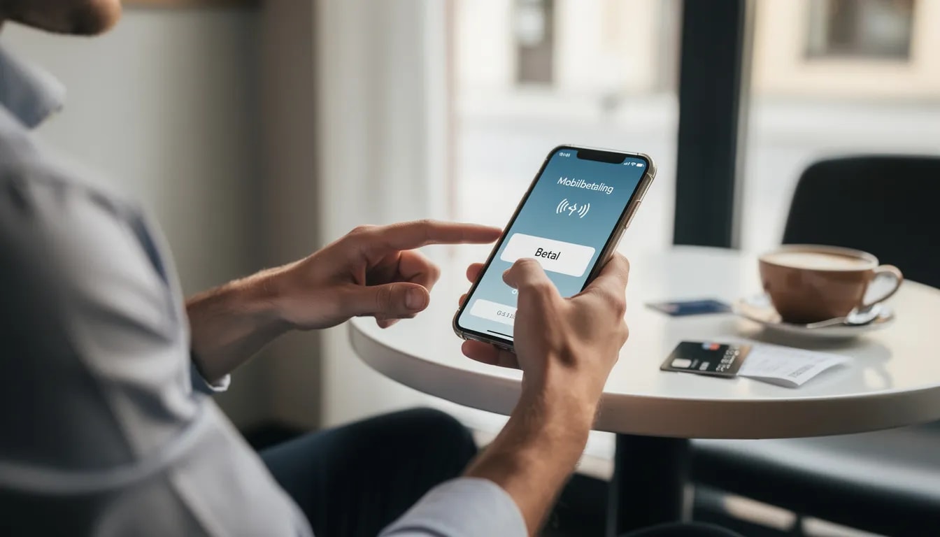 En person sidder med en smartphone og foretager online betalinger, mens de ser på en app til et online casino. Skærmen viser et brugervenligt interface med muligheder for at vælge mellem forskellige betalingsmetoder som e-wallets, hvilket gør det nemt at spille ansvarligt og hurtigt hos licenserede casinoer.