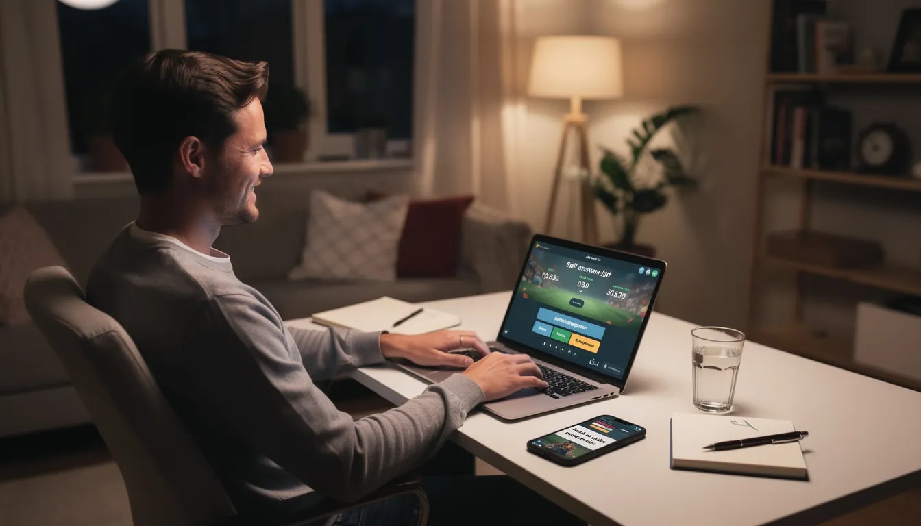 En person sidder koncentreret foran sin laptop og spiller ansvarligt på et online casino. Skærmen viser et spil med levende grafik, mens omgivelserne er rolige og indbydende, hvilket understøtter en ansvarlig spilleoplevelse.