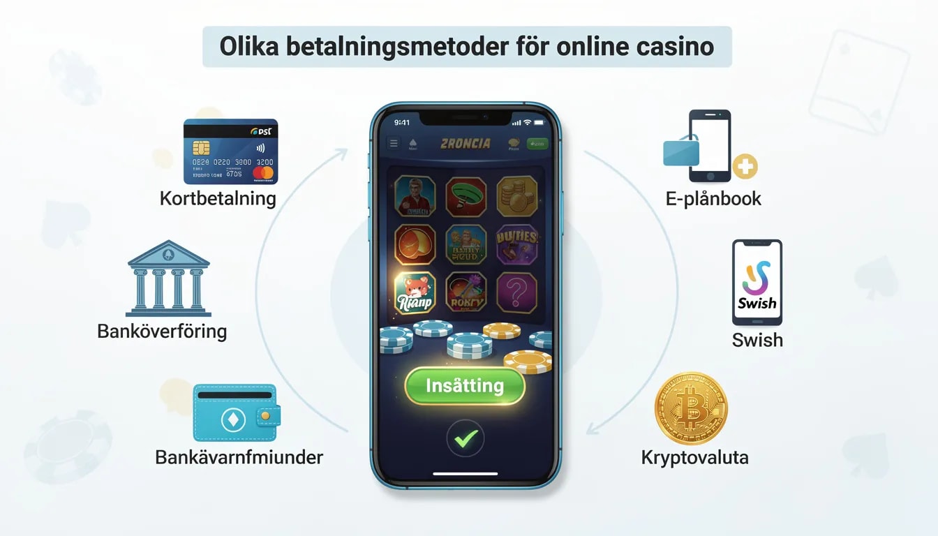 Bildbeskrivning: En samling av olika betalningsmetoder som används på online casinon, inklusive kreditkort, e-plånböcker och förbetalda kort. Denna bild illustrerar alternativ för insättningar och uttag hos casinon utan svensk licens, vilket kan vara av intresse för svenska spelare som söker skattefria vinster.