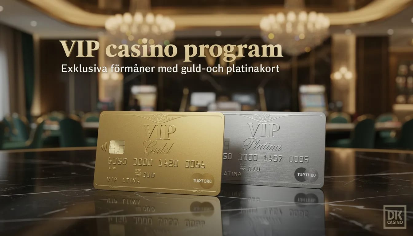 Bildbeskrivning: En elegant presentation av VIP casino programmet med guld- och platinakort, som symboliserar exklusiva förmåner och belöningar för spelare. Kortens glittrande ytor reflekterar lyx och status, vilket lockar svenska spelare att utforska casinon utan svensk licens för att njuta av större bonusar och free spins.