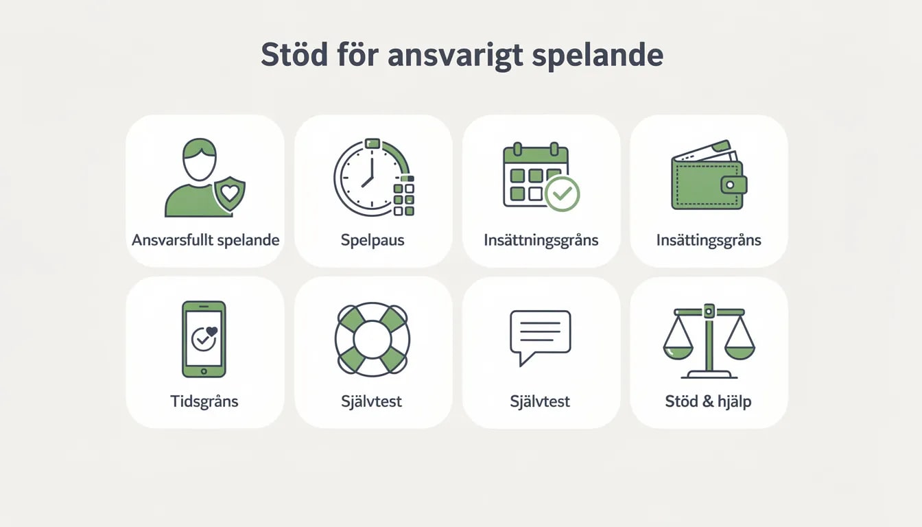 En bild som visar symboler och verktyg för ansvarsfullt spelande, inklusive information om hur man spelar på ett casino utan svensk licens. Symbolerna betonar vikten av att spela ansvarsfullt och att vara medveten om riskerna med spelande, särskilt hos casinon utanför EU.