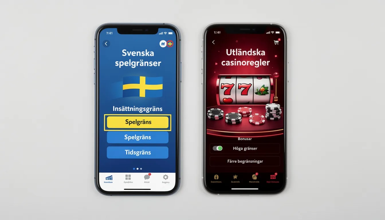 Två mobiltelefoner visas sida vid sida, där den ena skärmen visar svenska spelgränser och den andra utländska casinoregler. Bilden syftar till att illustrera skillnaderna mellan casinon utan svensk licens och svenska casinon, samt vikten av att spela ansvarsfullt.
