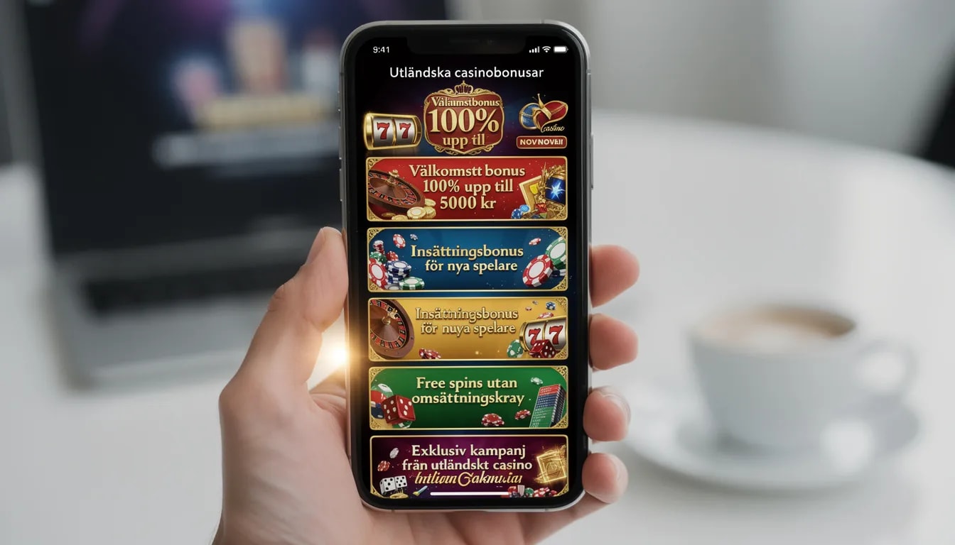 En mobiltelefon visar en skärm med olika bonuserbjudanden och kampanjer från utländska casinon utan svensk licens. Erbjudandena inkluderar information om första insättningar och vinster, vilket är viktigt för spelare som vill spela ansvarsfullt.