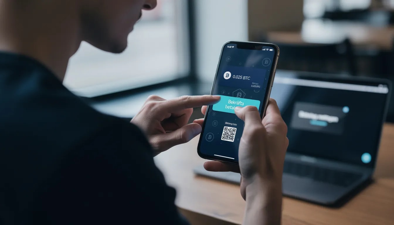 En person genomför en betalning med kryptovaluta på sin mobiltelefon, vilket visar hur moderna betalningsmetoder används för att göra insättningar på online casinon. Mobilskärmen visar en kryptovaluta-app med transaktionsinformation, vilket ger en känsla av den digitala världens snabba utveckling.