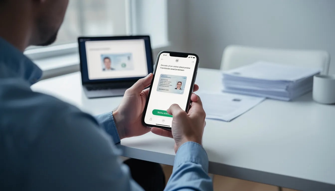 En person verifierar sin identitet genom att skicka in dokument via sin mobiltelefon, vilket är en vanlig process för att logga in på svenska casinon. Denna åtgärd säkerställer säkerheten och följer reglerna för att spela ansvarsfullt online.