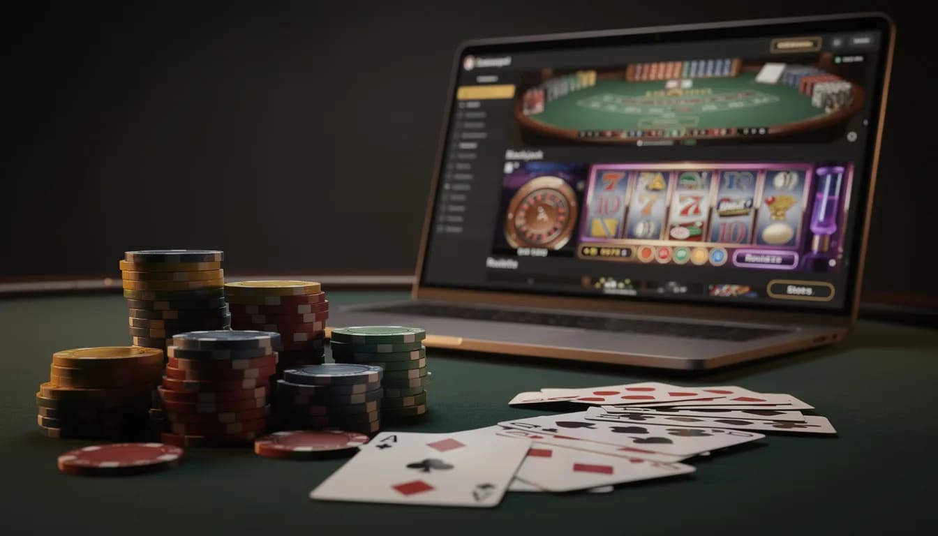 En uppsättning färgglada casinokort och spelmarker ligger på ett bord, medan en datorskärm i bakgrunden visar olika casinospel. Denna bild fångar känslan av att spela på ett casino, vilket kan vara en del av upplevelsen hos casinon utan svensk licens.