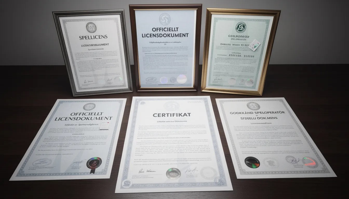 Bildbeskrivning: Dokument och certifikat som bekräftar officiella licenser från olika spelmyndigheter, inklusive Malta Gaming Authority och Isle of Man Gambling Supervision, som är viktiga för casinon utan svensk licens och för ansvarsfullt spelande. Dessa dokument visar att casinon följer regler och erbjuder trygghet för spelare.