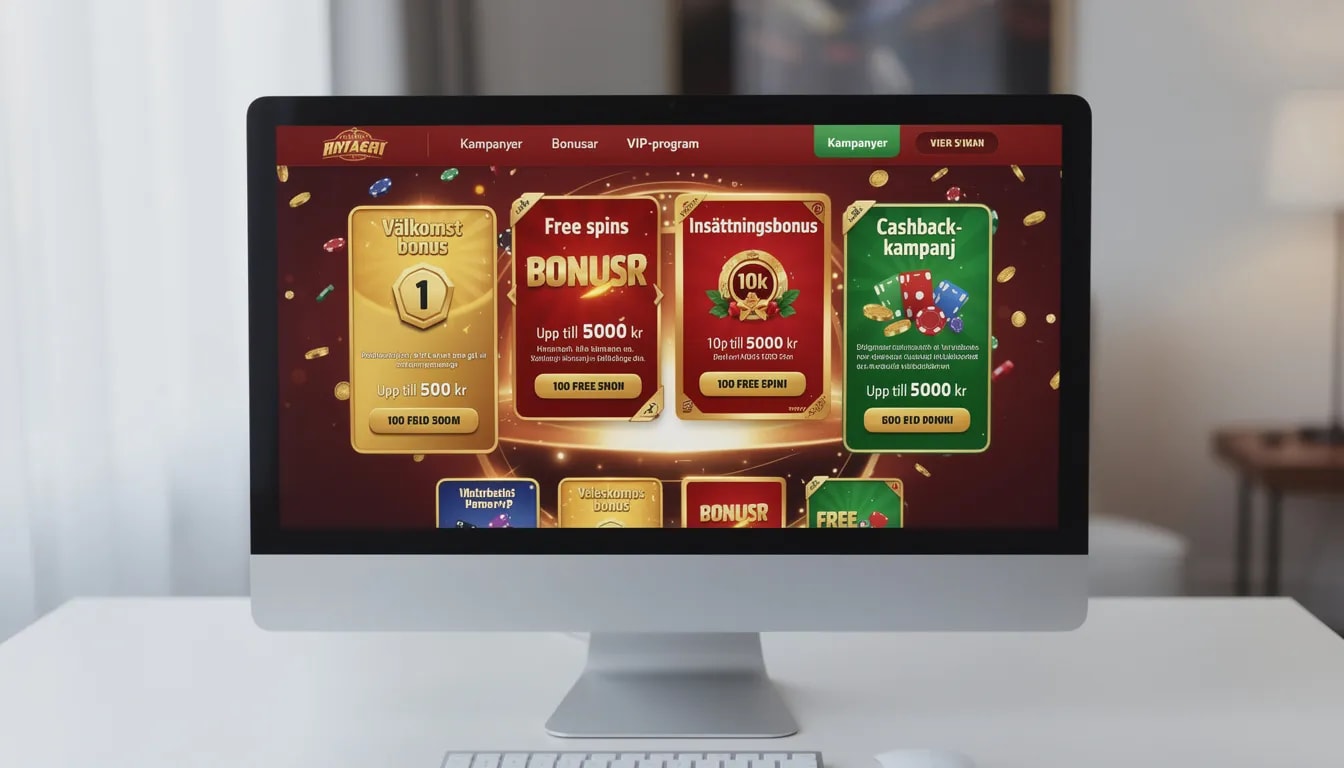 Bildskärmen visar en översikt av olika casinobonusar och kampanjer, inklusive erbjudanden som 50 free spins och större bonusar. Den riktar sig till svenska spelare och inkluderar alternativ från casinon utan svensk licens, vilket ger spelare möjlighet att jämföra erbjudanden från casinon utanför EU.