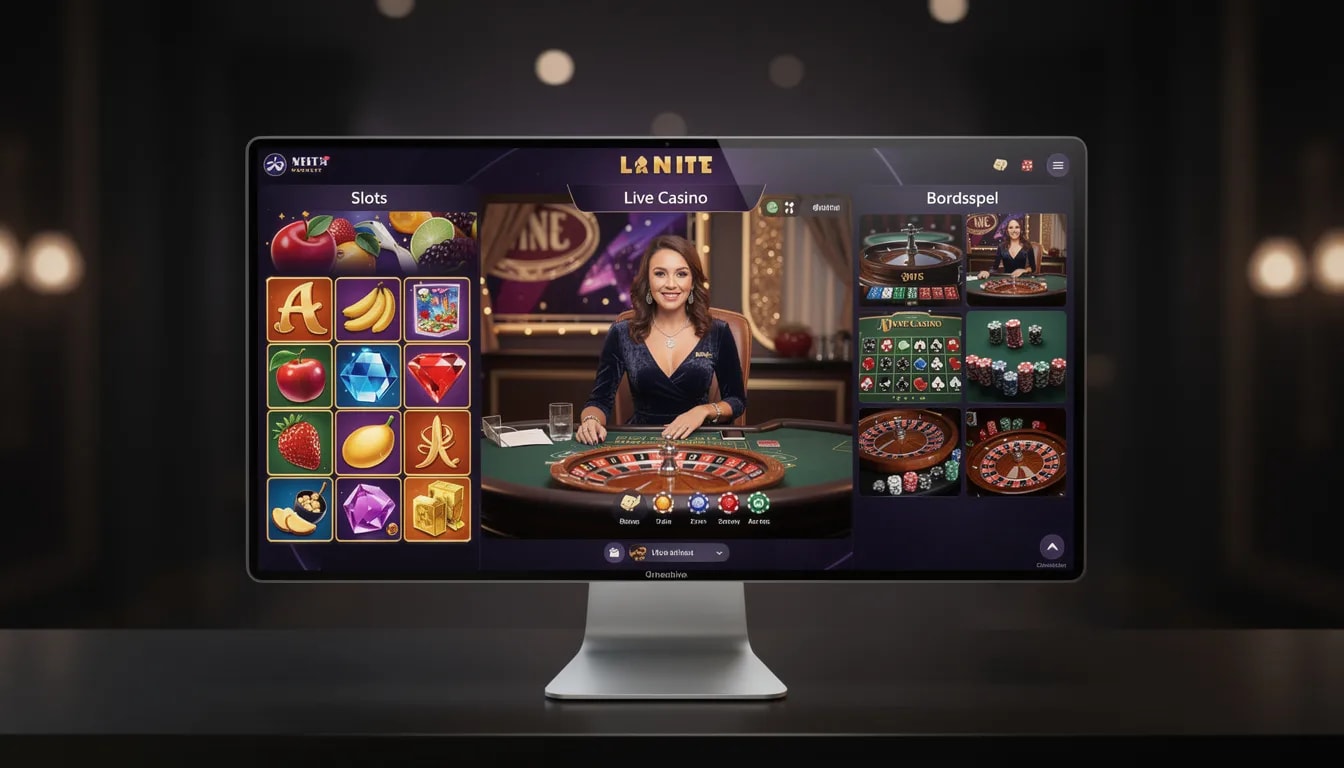 En skärm visar en mängd olika casinospel, inklusive färgglada slots, spännande live casino och klassiska bordsspel. Denna bild representerar ett casino utan svensk licens, vilket kan attrahera svenska spelare som söker nya spelupplevelser.
