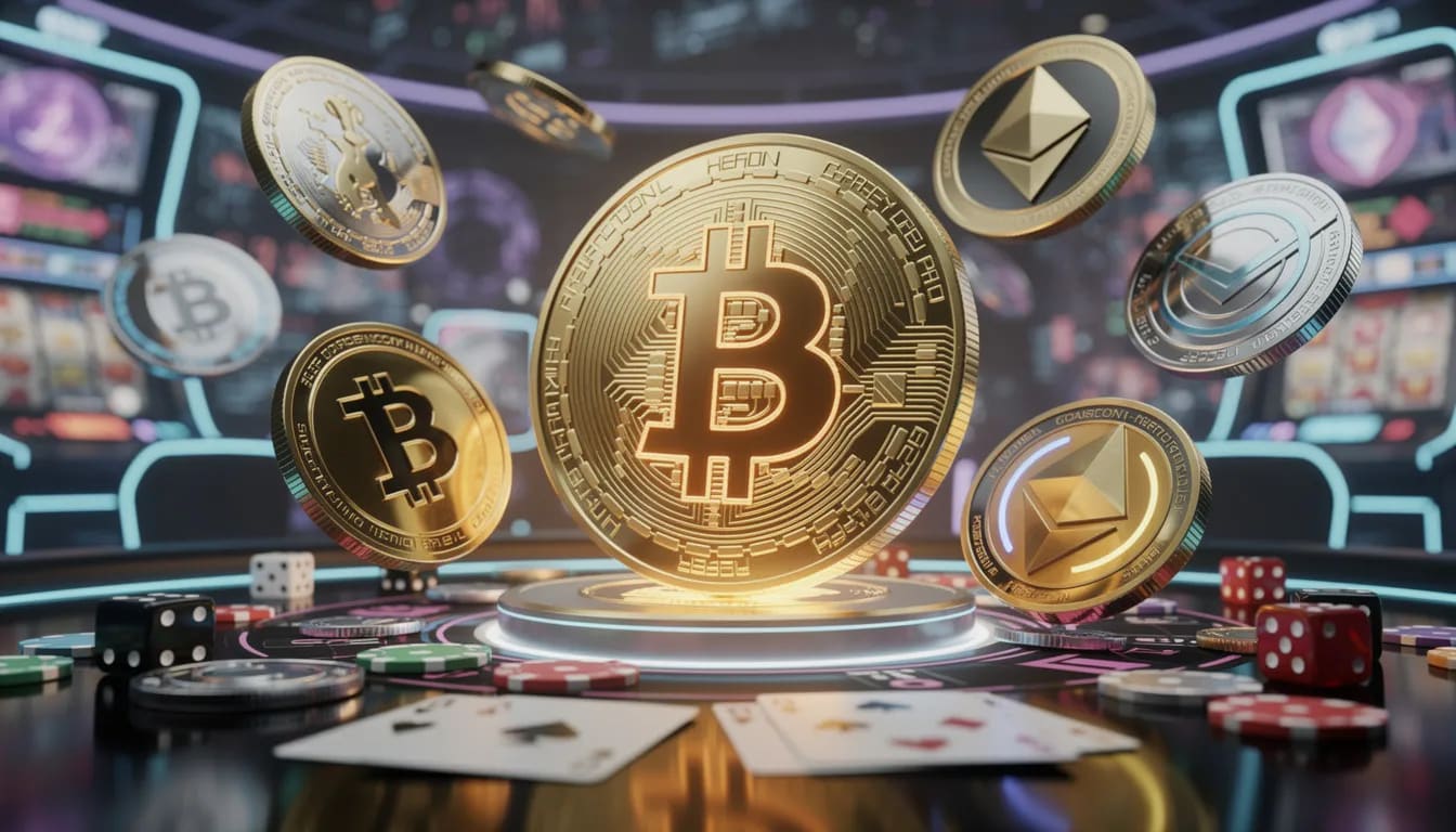 Een afbeelding met verschillende cryptocurrency-symbolen, waaronder Bitcoin en Ethereum, die de betalingservaringen in crypto casino's vertegenwoordigen. Deze symbolen benadrukken de opkomst van online gokken zonder cruks, waar spelers gebruik kunnen maken van e-wallets voor hun transacties.