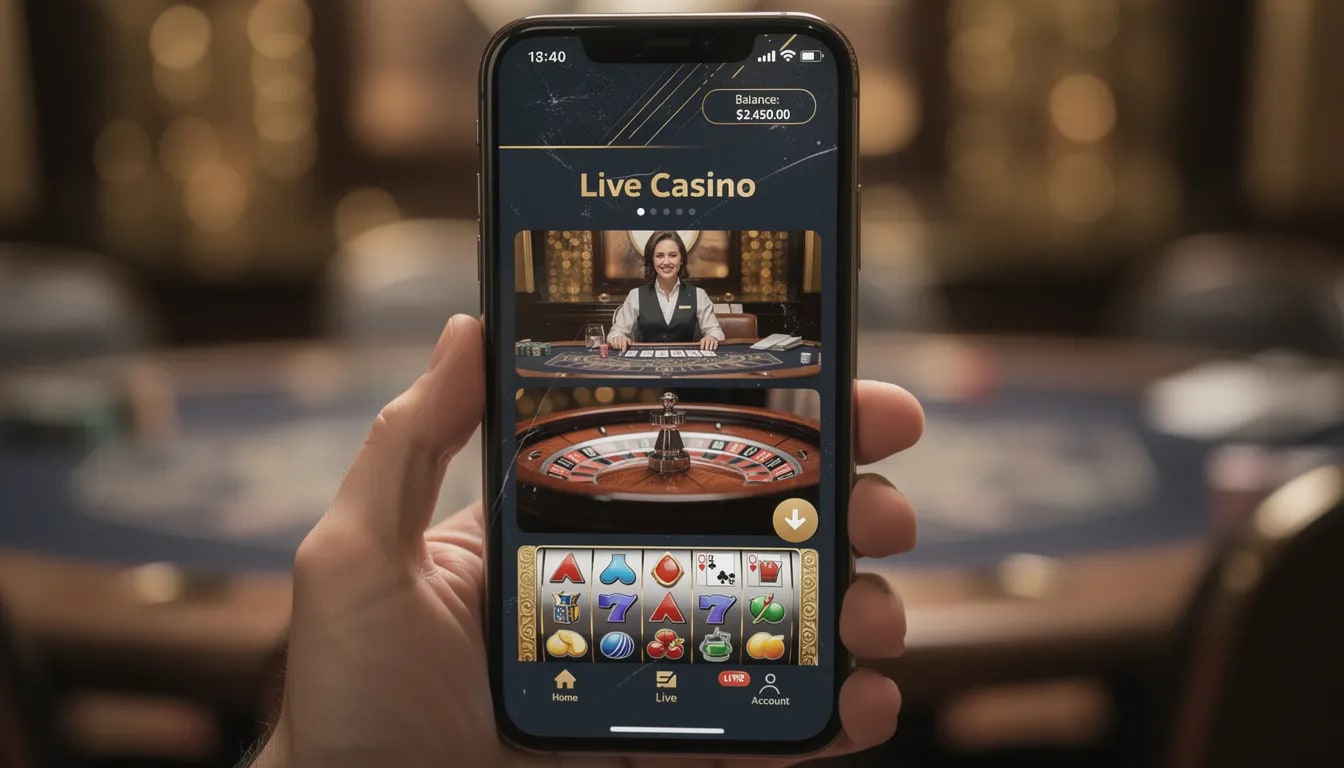 Een mobiele telefoon toont de interface van een casino website met live games, waar spelers de mogelijkheid hebben om deel te nemen aan spannende spellen. Dit online casino zonder cruks biedt een breed spelaanbod met royale bonussen en is gericht op verantwoord gokken.