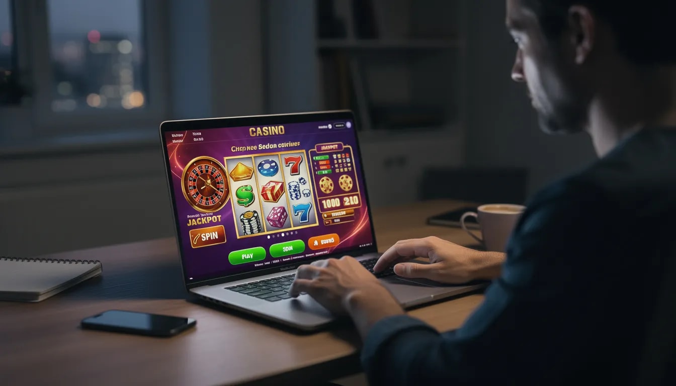 Een persoon zit achter een laptop en bezoekt een online casino website, waar hij toegang heeft tot diverse spellen en informatie over verantwoord gokken. De afbeelding benadrukt de gebruiksvriendelijkheid en de mogelijkheden van legale online casino's in Nederland.