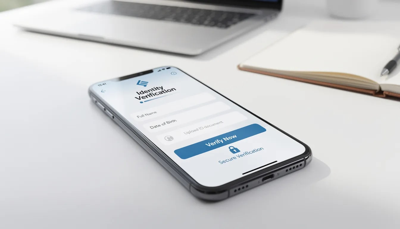 Een mobiele telefoon toont een interface van een bankapp voor identiteitsverificatie, waarbij gebruikers hun financiële gegevens kunnen invoeren voor veilige transacties. Deze app kan ook gebruikt worden voor het aanmelden bij legale online casino's, zoals die met een geldige licentie en strenge regels voor verantwoord gokken.