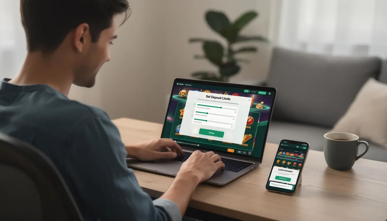 Een persoon stelt limieten in op een mobiel apparaat om verantwoord gokken te bevorderen, waarbij hij of zij gebruikmaakt van een gebruiksvriendelijke interface. Deze actie benadrukt het belang van controle en veiligheid bij het spelen in legale online casino's.