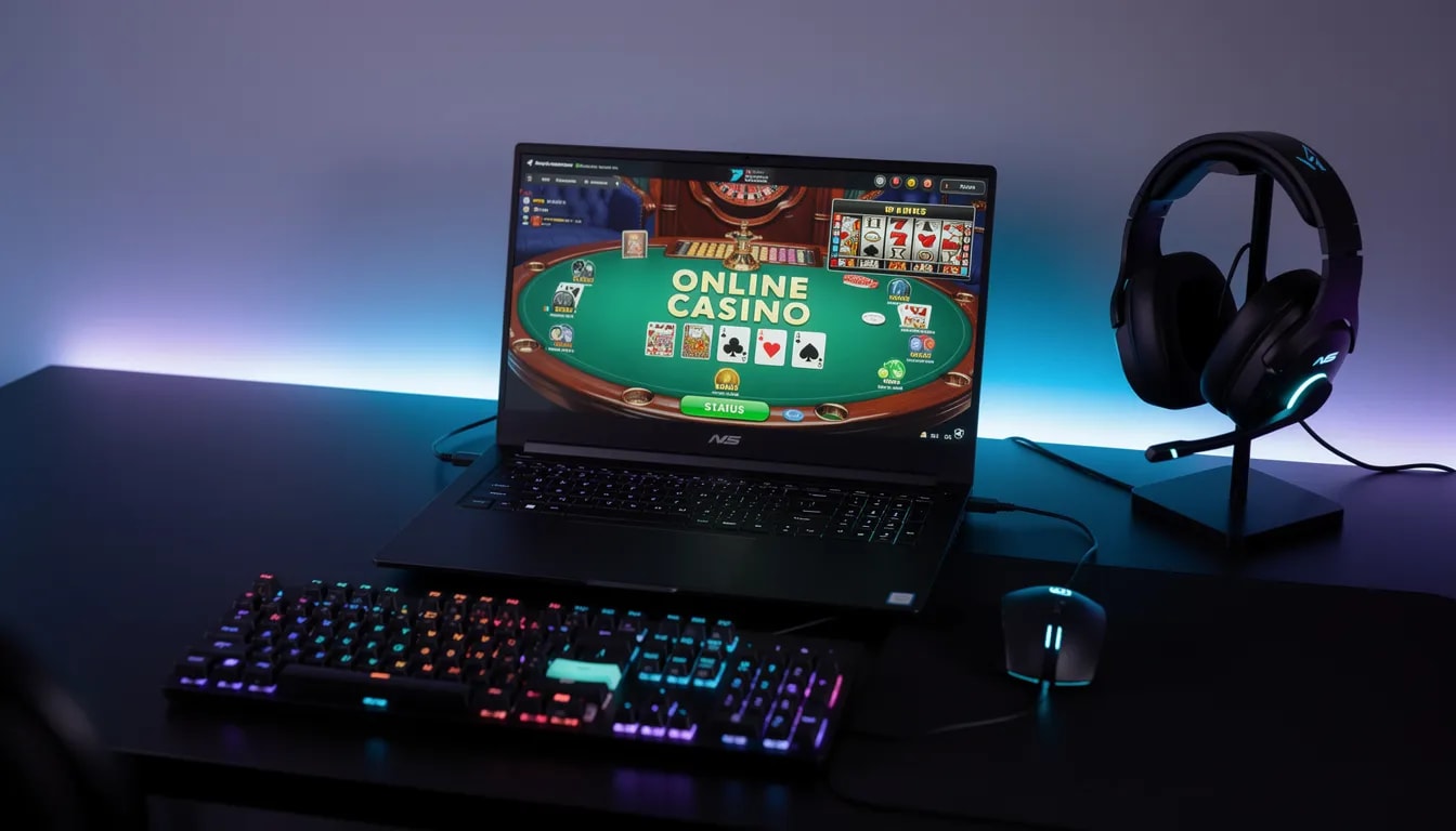 Een moderne gaming setup met een laptop waarop een online casino interface wordt weergegeven, inclusief aantrekkelijke bonussen en opties voor verantwoord gokken. Deze configuratie benadrukt de mogelijkheden van no account casino's en de voordelen van snelle stortingen en razendsnelle uitbetalingen.