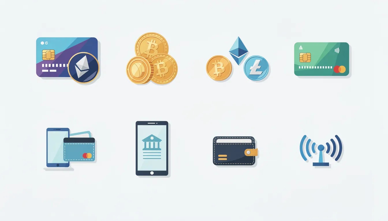 De afbeelding toont verschillende iconen van betaalmethoden, waaronder cryptocurrency, creditcards en e-wallets, die vaak worden gebruikt in online casino's. Deze iconen vertegenwoordigen populaire opties zoals crypto wallets en e-wallets, die essentieel zijn voor snelle en veilige transacties in pay n play casino's.