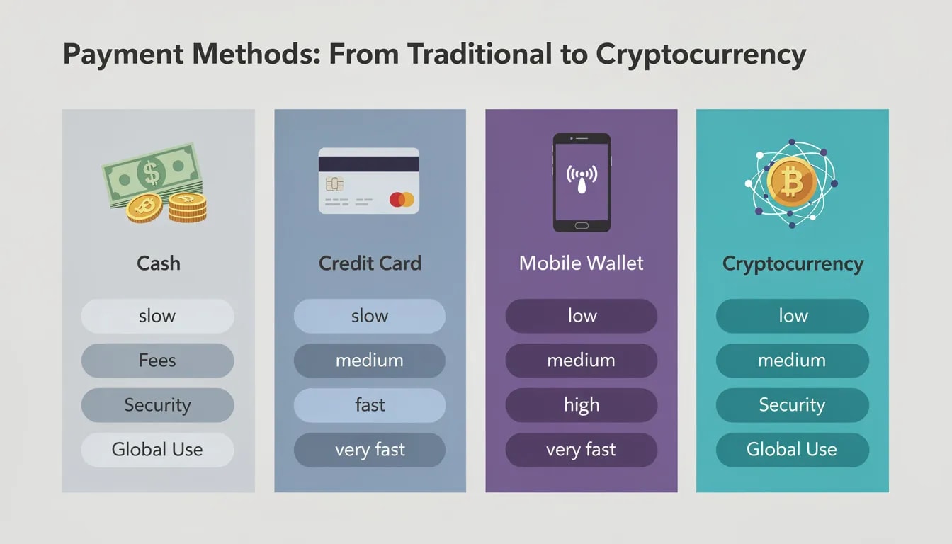De afbeelding toont een vergelijking van verschillende betaalmethoden, van traditionele opties zoals creditcards en bankoverschrijvingen tot moderne alternatieven zoals cryptocurrency en e-wallets. Dit benadrukt de groei van crypto casino's en de voordelen van snelle registraties en razendsnelle uitbetalingen in de wereld van online gokken.
