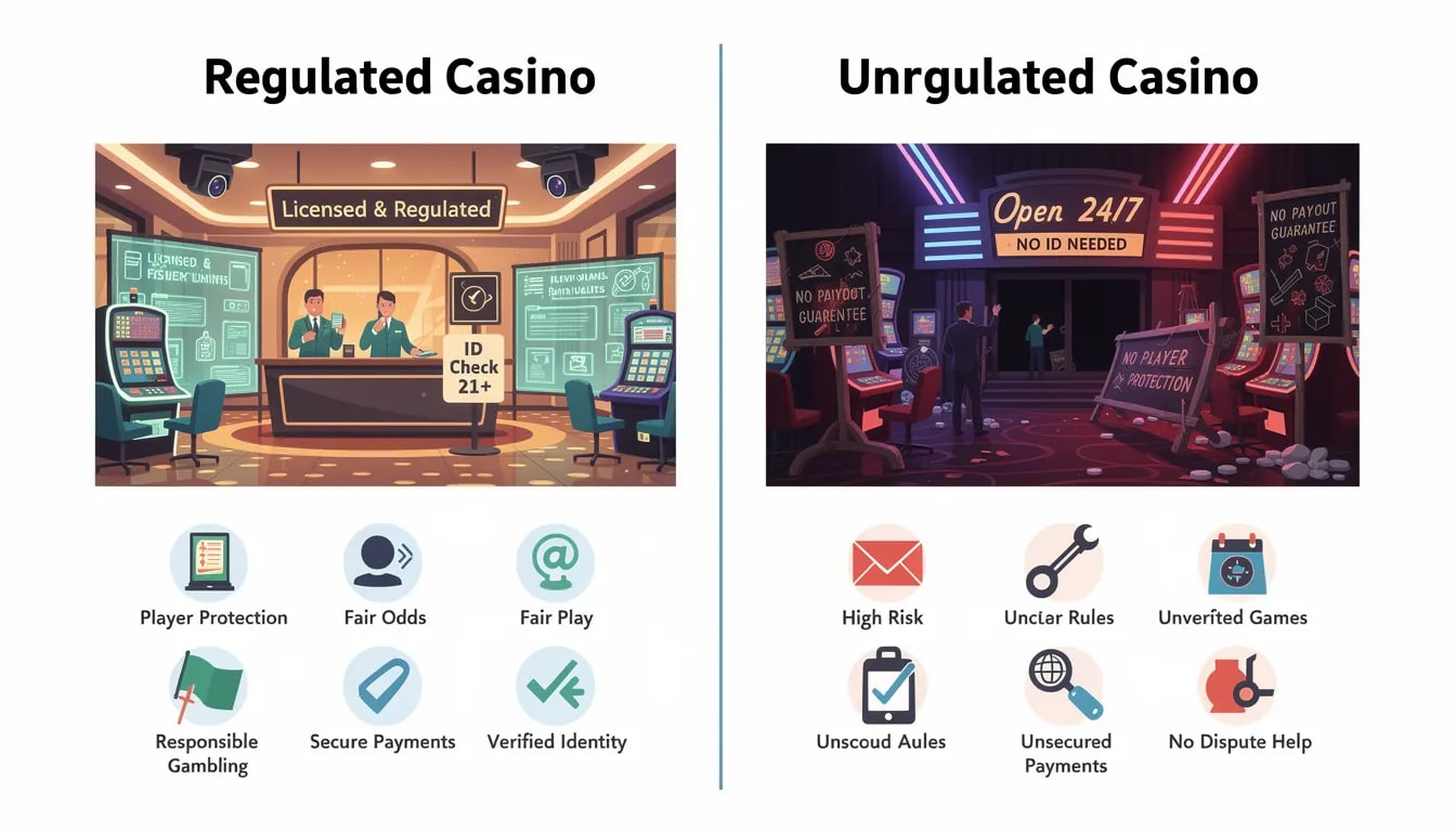 De afbeelding toont een vergelijking tussen de kenmerken van gereguleerde en ongereguleerde casino's. Aan de linkerkant zijn de voordelen van legale Nederlandse casino's, zoals strenge regels en een geldige licentie, te zien, terwijl de rechterkant de risico's van buitenlandse aanbieders en illegale casino's weergeeft.