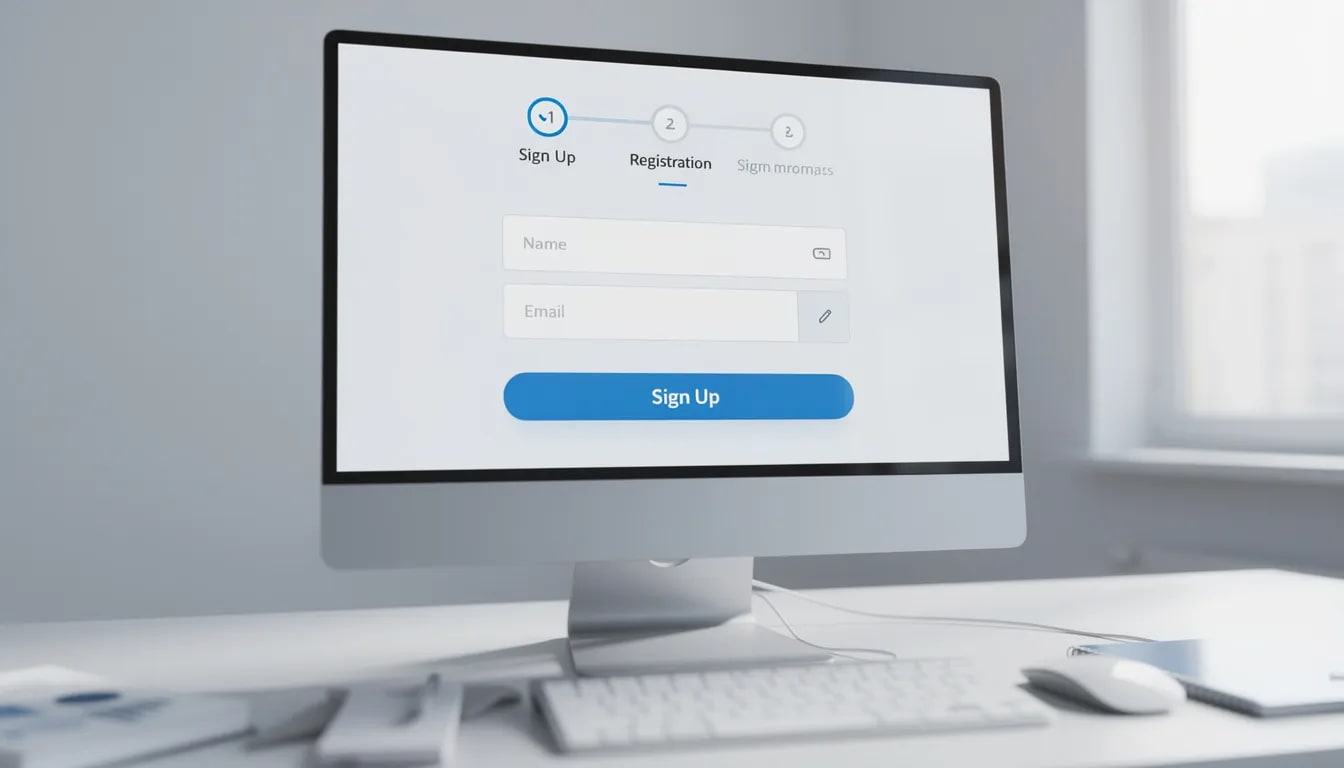 Op het computerscherm is een digitaal registratieproces zichtbaar, waarbij een gebruiker zijn gegevens invoert om een account aan te maken bij een online casino. Deze registratie kan plaatsvinden bij zowel Nederlandse als buitenlandse casino's die voldoen aan de strenge eisen van de Nederlandse kansspelautoriteit en andere internationale toezichthouders.