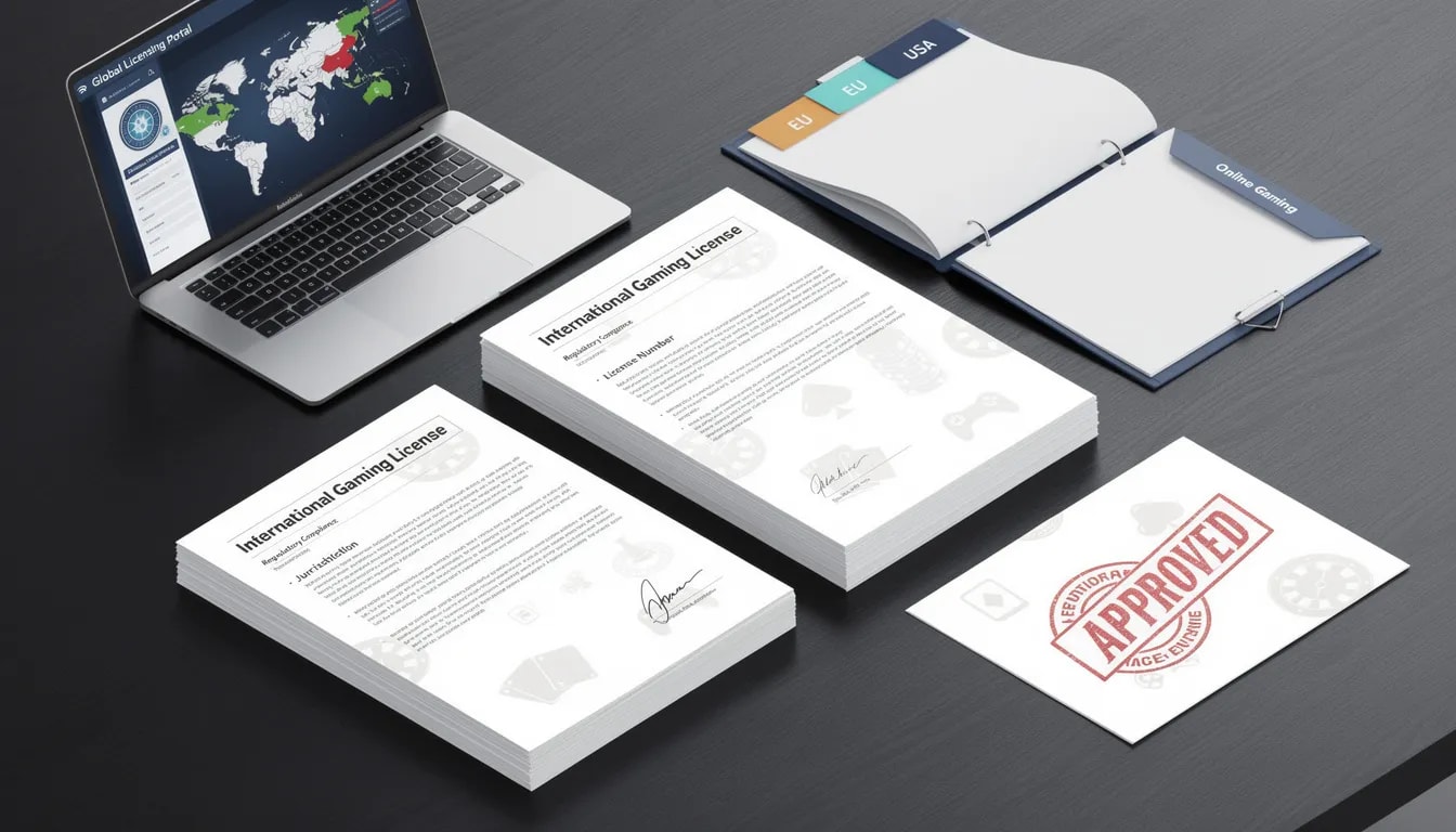 De afbeelding toont een stapel documenten die betrekking hebben op internationale gaming licenties, waaronder vergunningen van de Malta Gaming Authority en de UK Gambling Commission. Deze documenten zijn essentieel voor buitenlandse casino's die willen voldoen aan strenge regels en een betrouwbare status willen opbouwen in de Nederlandse markt.