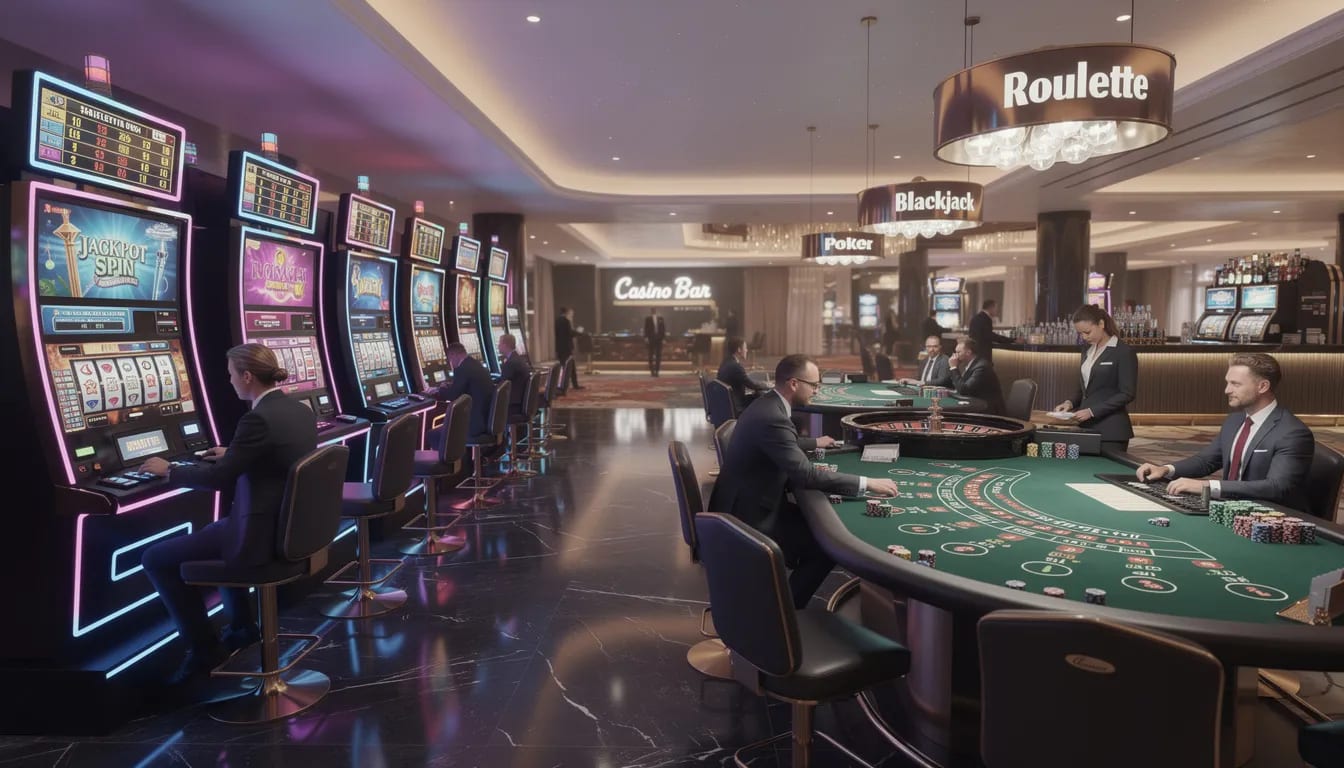 Billedet viser et moderne casino setup med farverige spilleautomater og bordspil, hvor spillere engagerer sig i underholdningen. Dette miljø afspejler atmosfæren fra udenlandske casinoer, der tiltrækker både nye og erfarne spillere med attraktive bonusser og et bredere spiludvalg.