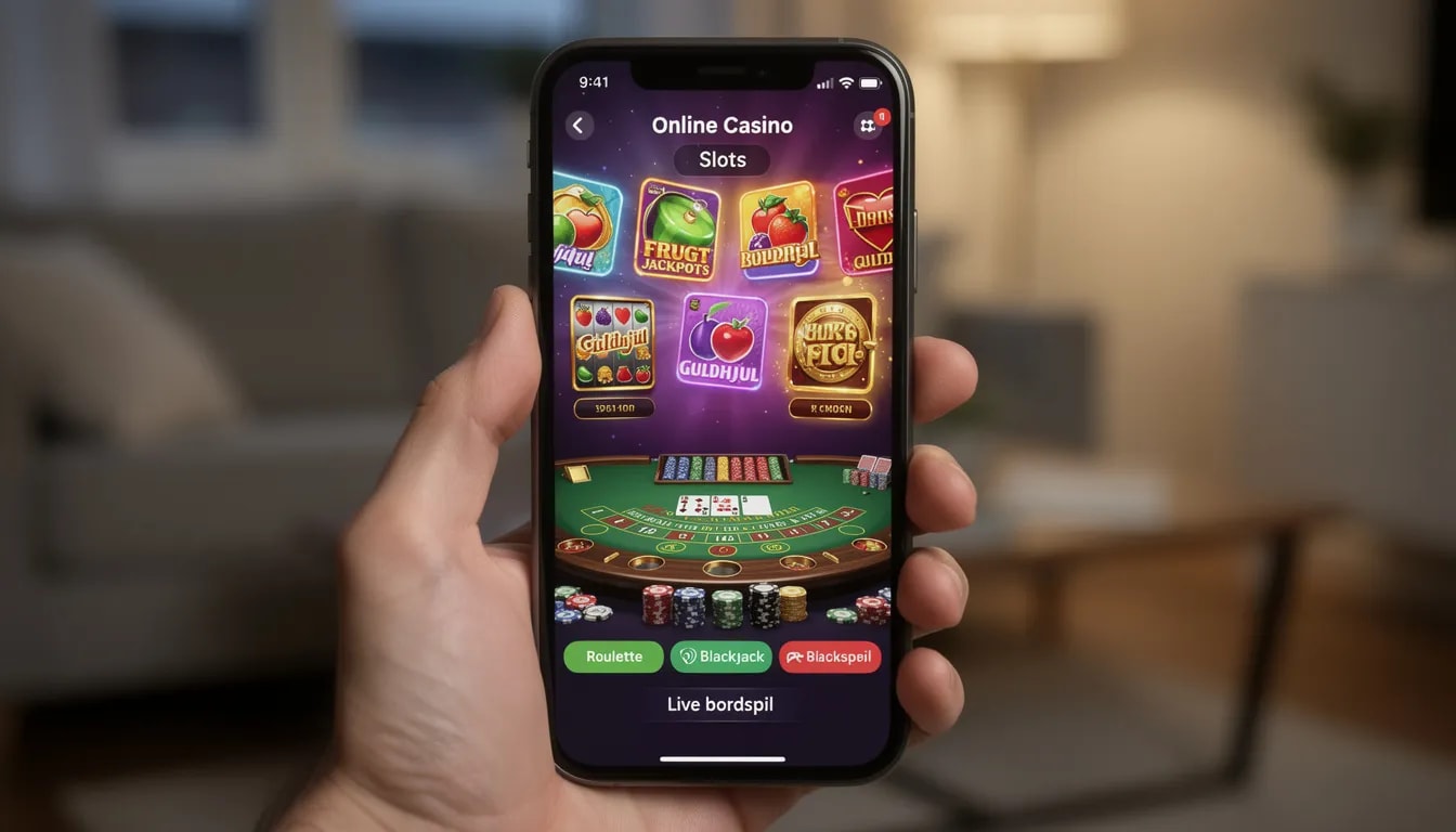 Billedet viser en smartphone, der præsenterer et casino interface med forskellige spilleautomater og bordspil, typisk for udenlandske online casinoer. Skærmen indeholder farverige grafik og knapper til at navigere mellem de mange spilmuligheder, som tiltrækker både nye og erfarne spillere.