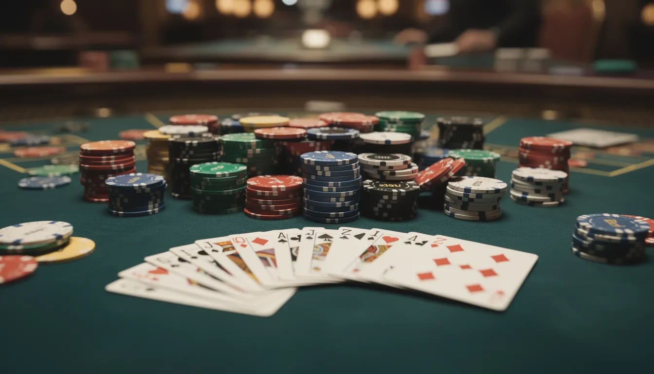 Billedet viser et spillebord dækket med farverige casino chips og spillekort, hvilket skaber en spændende atmosfære som ved et udenlandsk casino. Det indikerer en oplevelse af online gambling, hvor mange spillere nyder at spille hos udenlandske casinoer med attraktive bonusser.