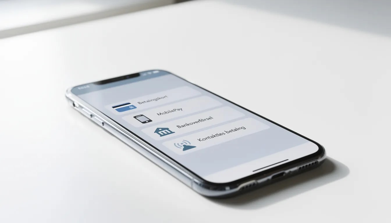 Billedet viser en smartphone med forskellige betalingsmetoder præsenteret på skærmen, som e-wallets og kreditkort, der er populære blandt spillere på udenlandske online casinoer. Disse betalingsmetoder giver brugerne mulighed for at foretage sikre indbetalinger og hævninger, når de spiller på internationale casinoer.