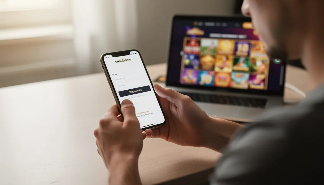 En person sitter och använder sin mobiltelefon för att registrera ett casinokonto. På skärmen syns information om bonusar och villkor för att börja spela på online casinon med svensk licens.