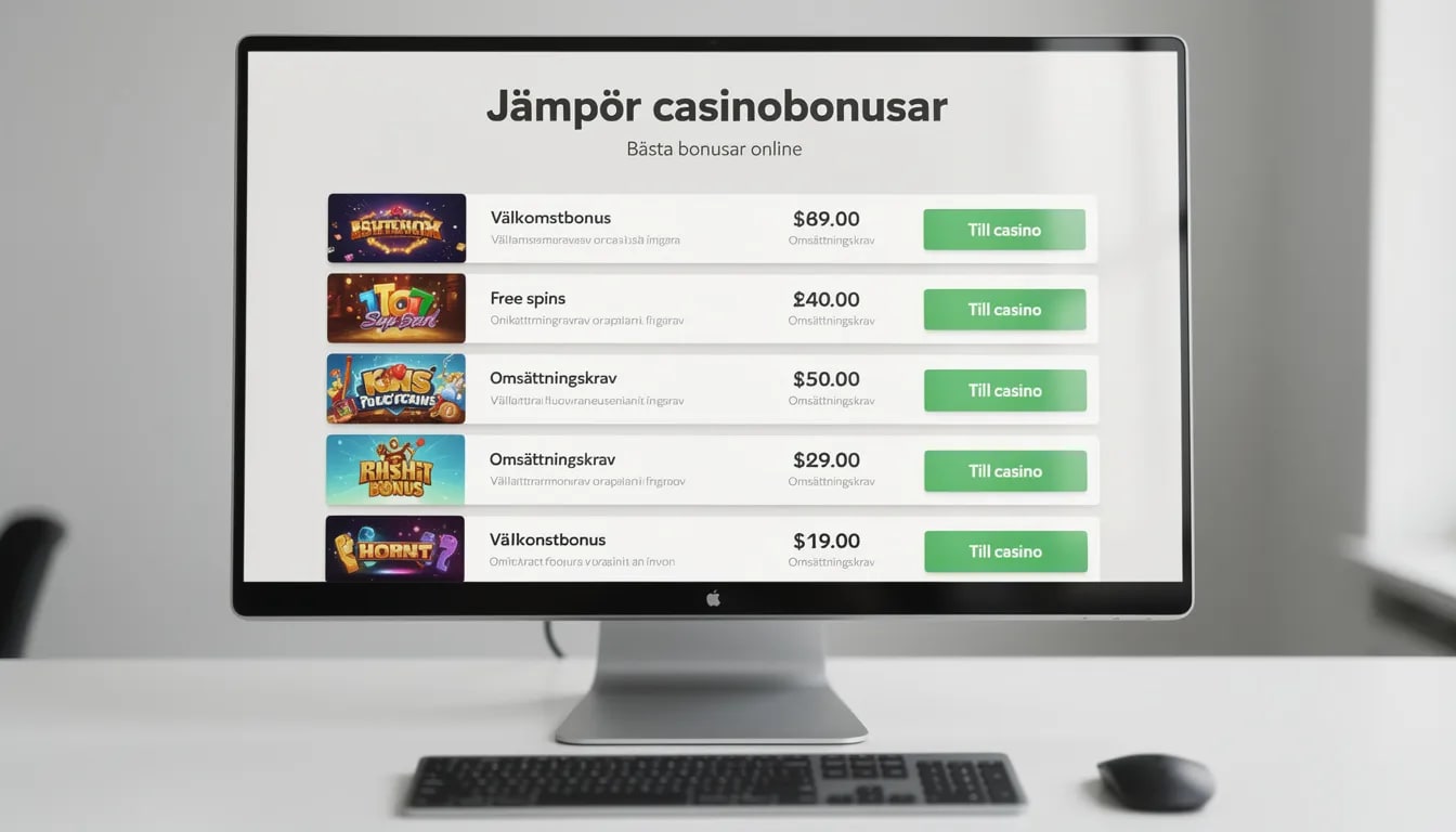 Datorskärmen visar en jämförelsesida för casinobonusar, där spelare kan hitta information om olika bonusar som erbjuds av både svenska och utländska casinon. Sidan inkluderar detaljer om free spins utan insättning och andra fördelar och nackdelar med att spela hos nya casinon.