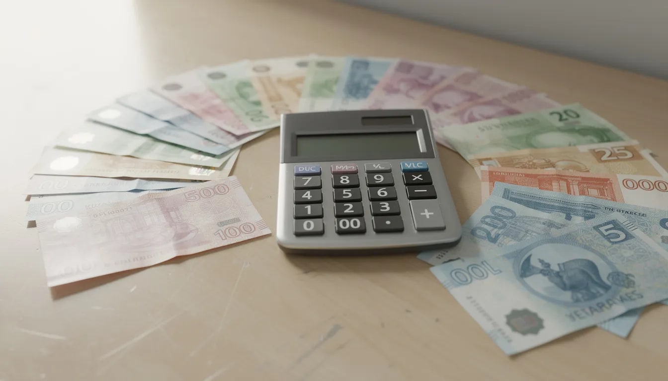 En miniräknare ligger på ett skrivbord tillsammans med sedlar, vilket kan indikera att någon räknar sina pengar eller planerar en insättning till ett casino. Denna bild kan associeras med online casinon där spelare ofta behöver hantera sina egna pengar och bonusar.